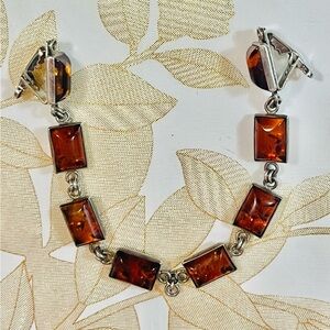 Vintage Sterling Silver Cognac Baltic Amber Cardigan Clip Guard Bracelet Sz 7”